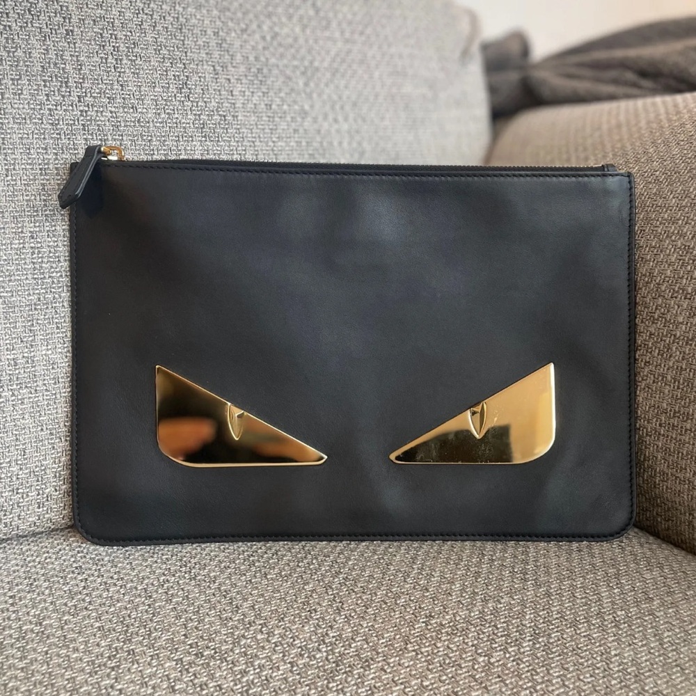 Auth Fendi Black Leather Monster Pouch